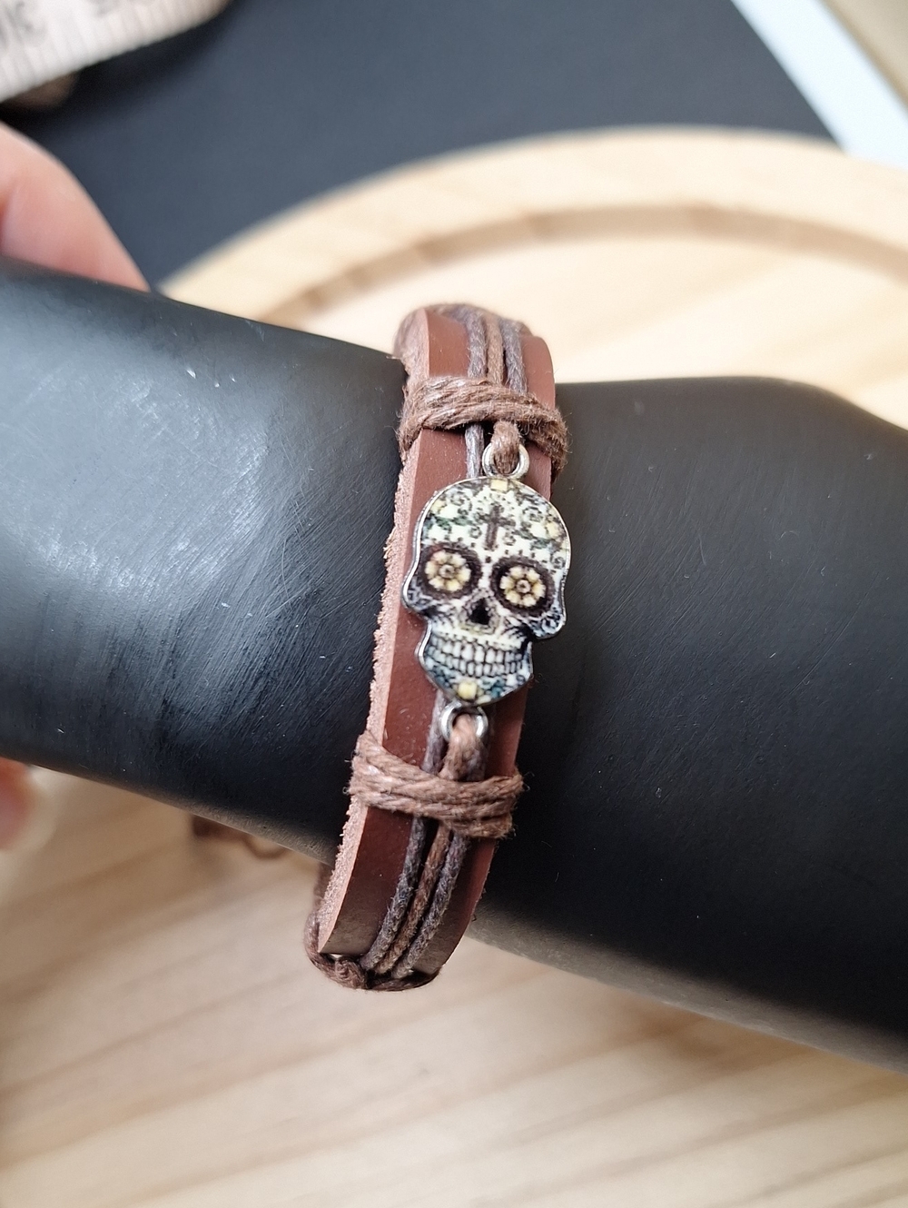 Men's Brown Leather Sugar Skull Accent Bracelet